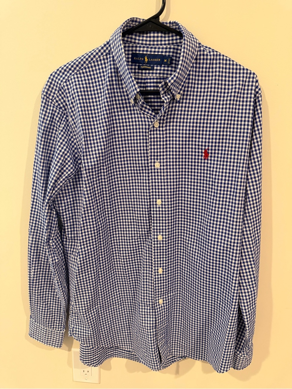 Ralph Lauren Blue and White Gingham Button-Down Shirt with Red Pony